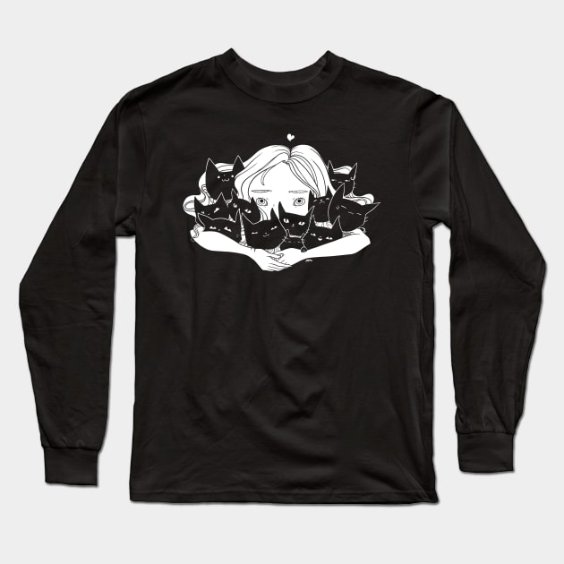 Anime Girl Hugging Many Black Cats Long Sleeve T-Shirt by cellsdividing